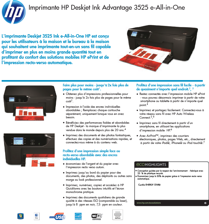 Acheter Imprimante HP Deskjet Ink Advantage 3525 e-All-in-One (CZ275C) Maroc