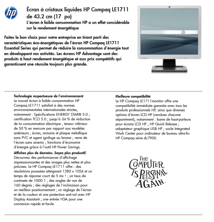 Acheter Écran à cristaux liquides HP Compaq LE1711 de 43.2 cm (17 pouces) (LQ924AA) Maroc