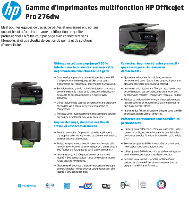Acheter Imprimante multifonction Jet d’encre HP Officejet Pro 276dw (CR770A) Maroc