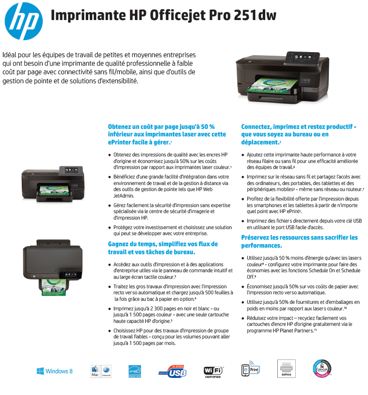 Acheter Imprimante HP Officejet Pro 251dw (CV136A) Maroc