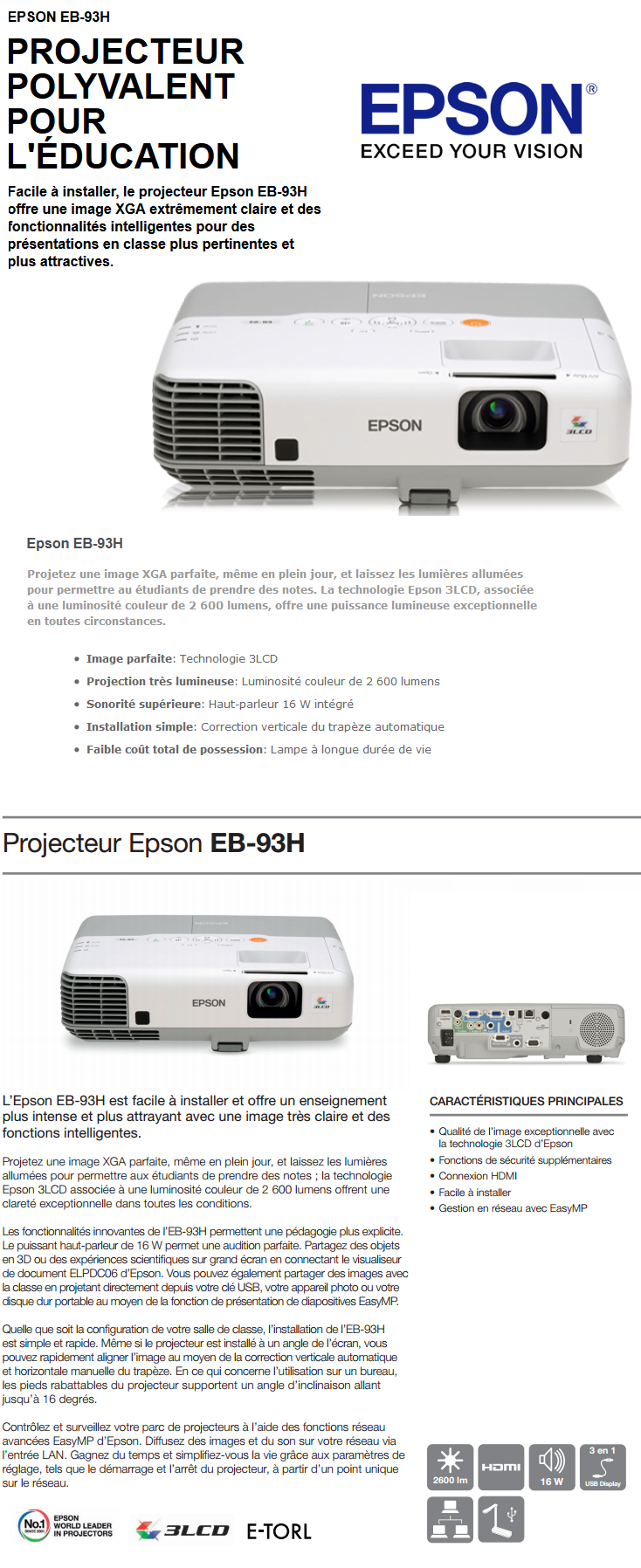 Acheter Projecteur Polyvalent EPSON EB-93H Maroc