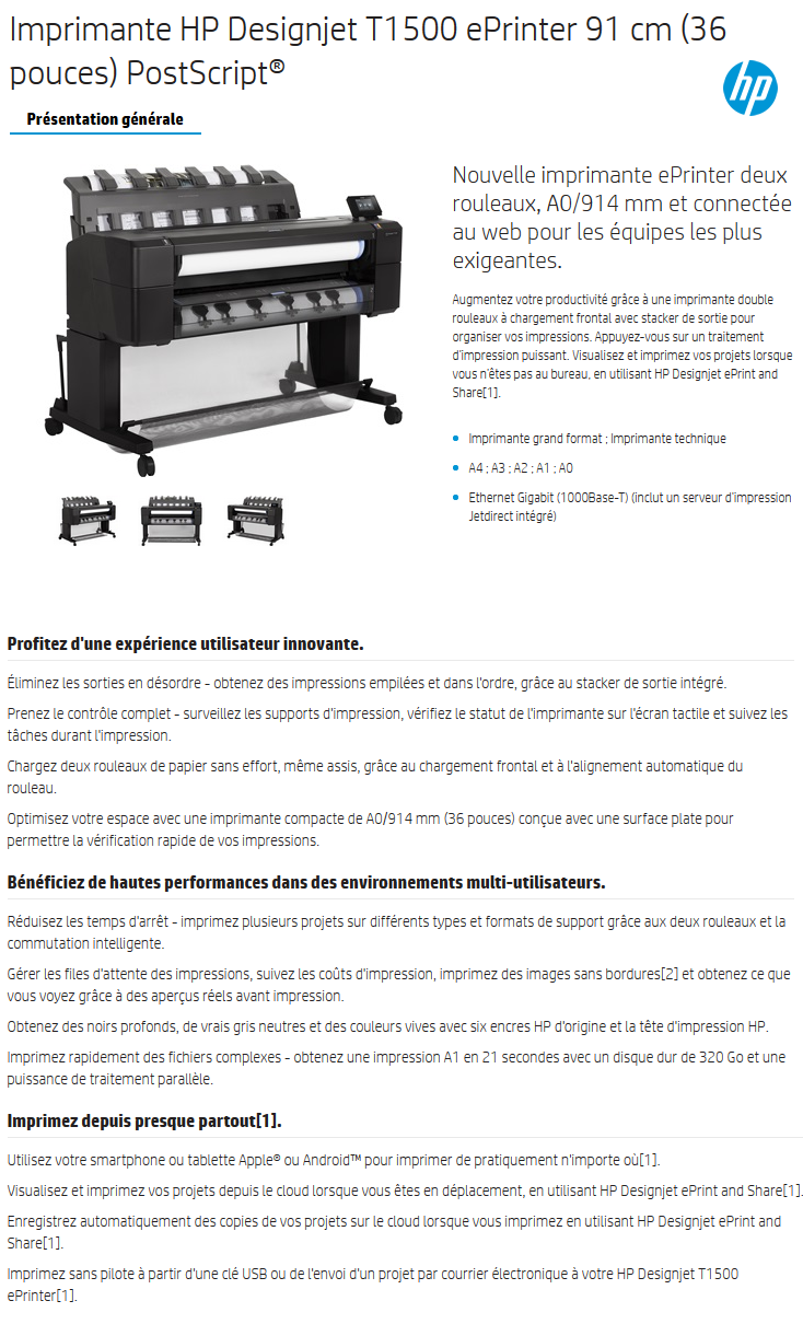 Acheter Imprimante HP Designjet T1500 ePrinter PostScript 914 mm (36 pouces)(CR357A) Maroc