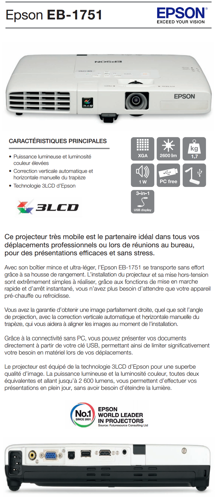 Acheter Vidéoprojecteur portable professionnel LCD Epson EB-1751 (V11H479040) Maroc