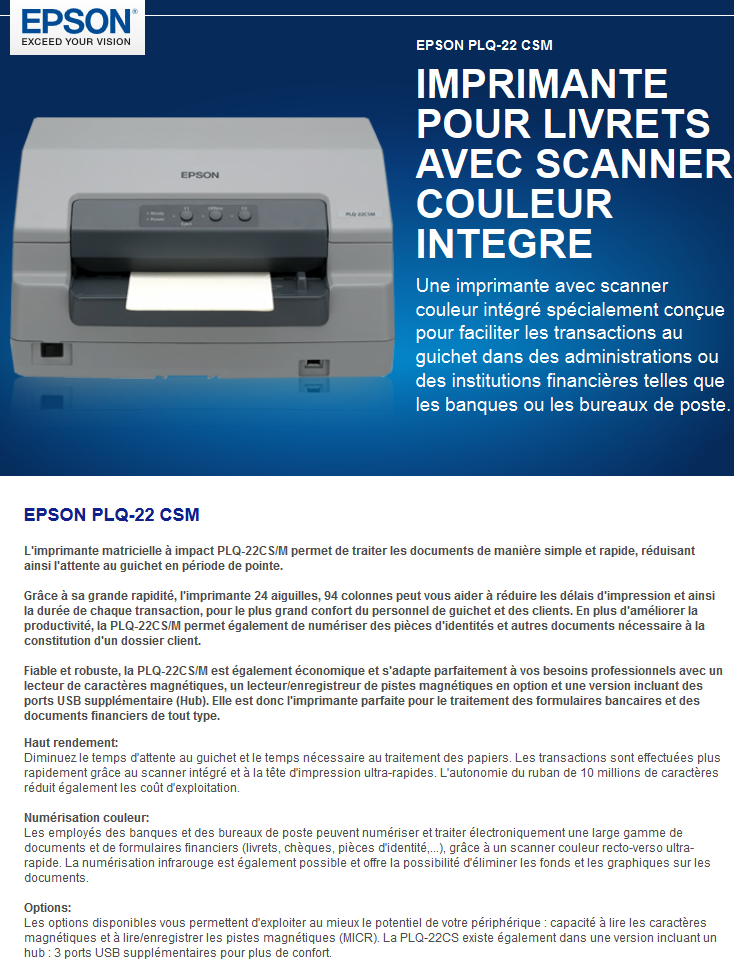 Acheter Imprimante matricielle à impact avec scanner couleur intégré Epson PLQ-22 CSM (C11CB01201) Maroc