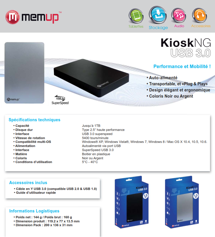 Acheter Disque dur externe Memup KIOSK NG 2.5" USB 3.0 - 500 GB / 1 TB Maroc