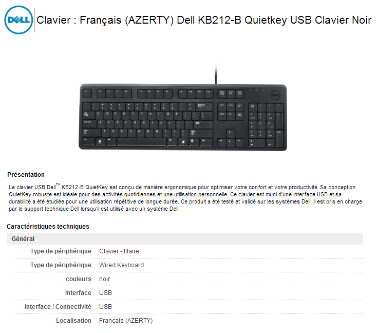 Acheter Clavier Dell KB212-B Quietkey USB Noir - Français (AZERTY)  Maroc