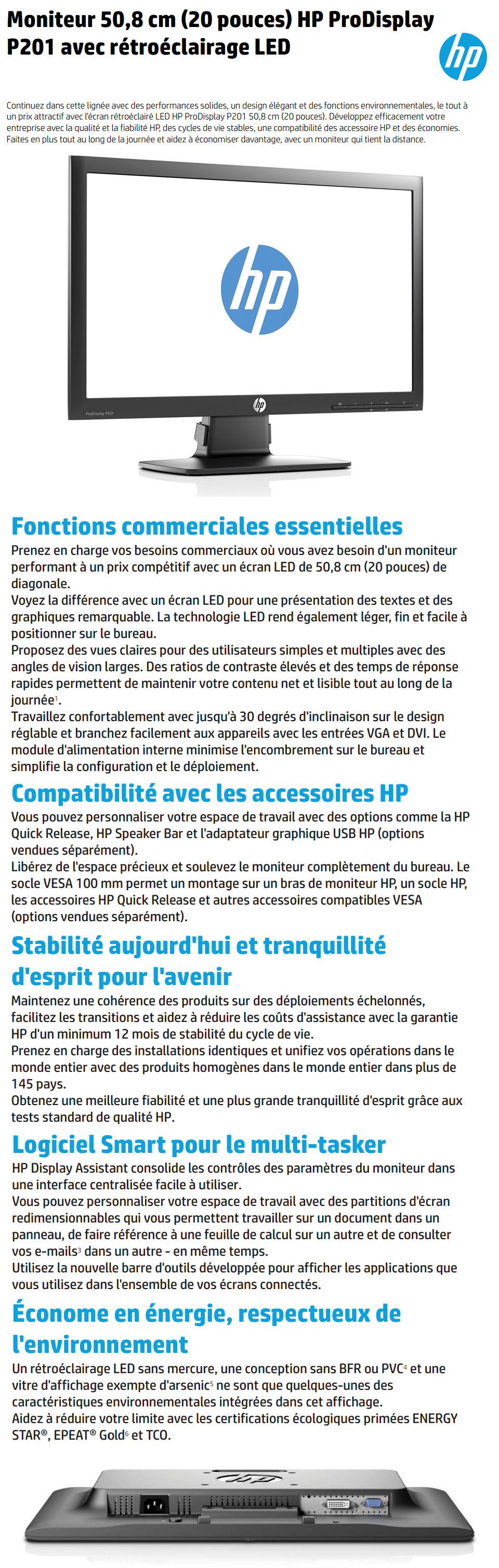 Acheter Moniteur LED rétroéclairé HP ProDisplay P201, 20 pouces (C9F26AS) Maroc