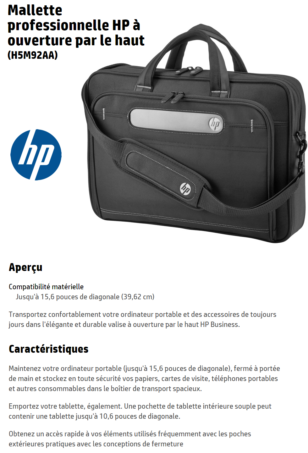 Acheter Mallette professionnelle HP à ouverture par le haut 15,6 pouces (H5M92AA) Maroc