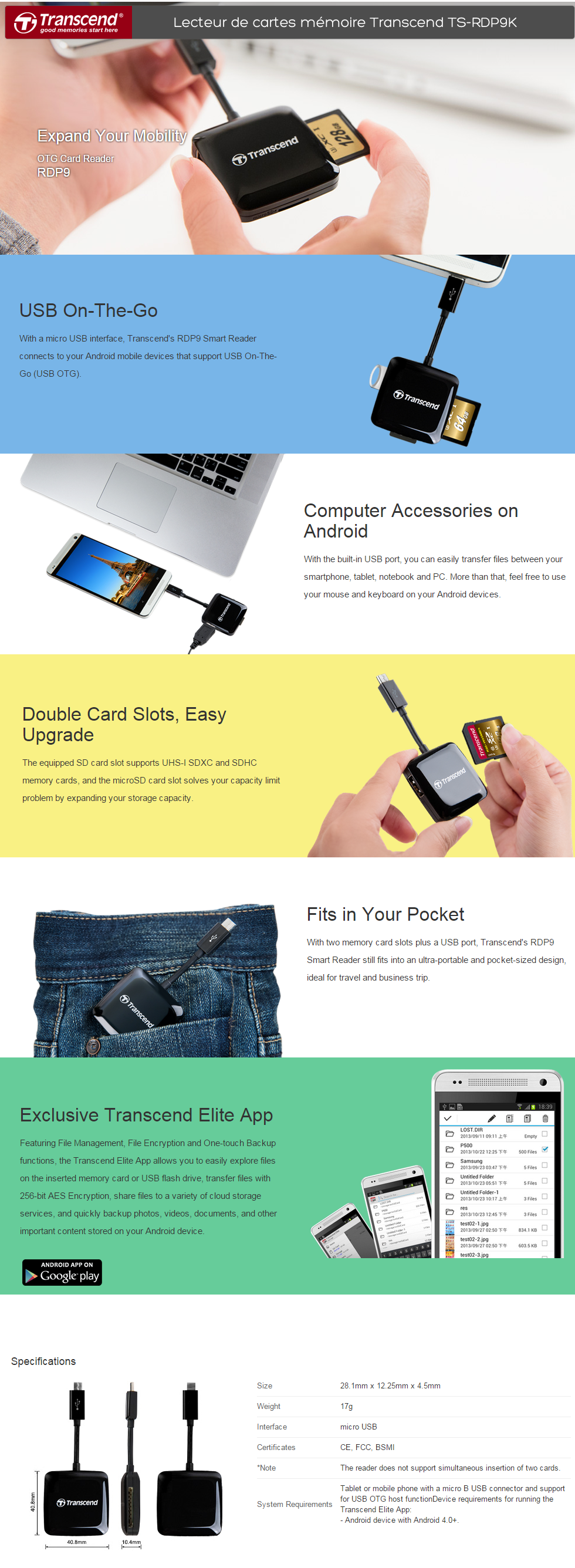 Acheter Lecteur de cartes mémoire Transcend SD/microSD/port USB - Compatible avec les appareils Android OTG Maroc