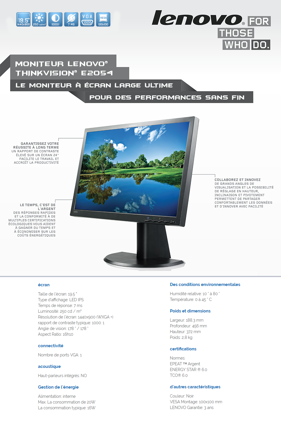 Acheter Écran 19,5" Lenovo ThinkVision E2054 (60DFAAT1EU) Maroc