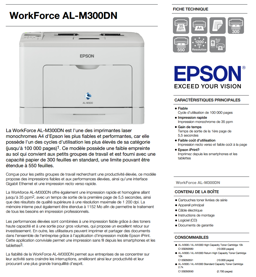 Acheter Imprimante Laser Monochrome Epson WorkForce AL-M300DN Maroc
