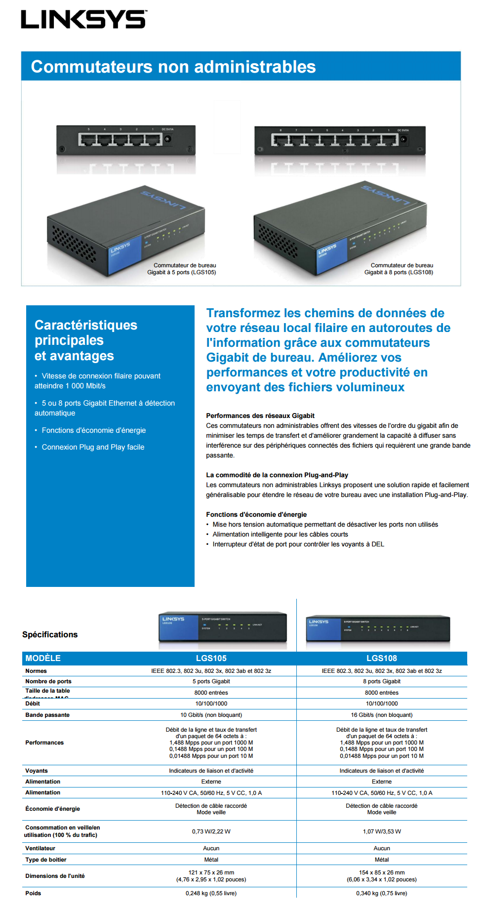 Acheter Switch non administrable Gigabit 8 ports LGS108 Linksys pour les entreprises Maroc