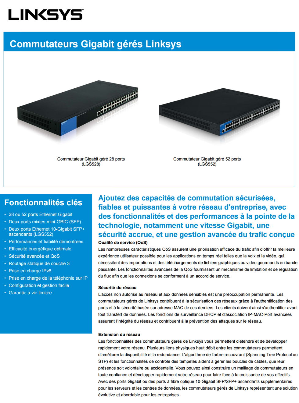 Acheter Switch Linksys LGS528 Gigabit administrable 26 ports + 2 ports mixtes mini-GBIC (SFP) Maroc