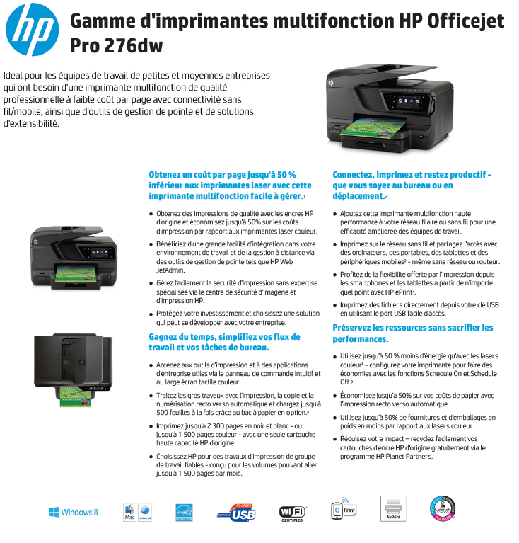 Acheter Imprimantes multifonction HP Officejet Pro 276dw (CR770A) maroc