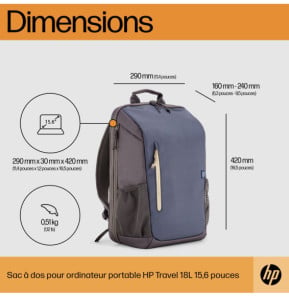 HP Sac à dos pour ordinateur portable Travel 18 litres 15,6 pouces, gris fer (6B8U6AA)