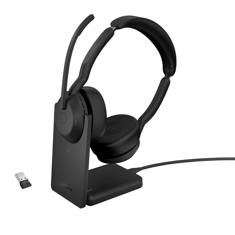 سماعة رأس سلكية ولاسلكية بمشبك رأس Jabra 25599-989-989 للمكتب/مركز الاتصال Bluetooth مع قاعدة شحن أسود — صورة 1