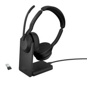سماعة رأس سلكية ولاسلكية بمشبك رأس Jabra 25599-989-989 للمكتب/مركز الاتصال Bluetooth مع قاعدة شحن أسود
