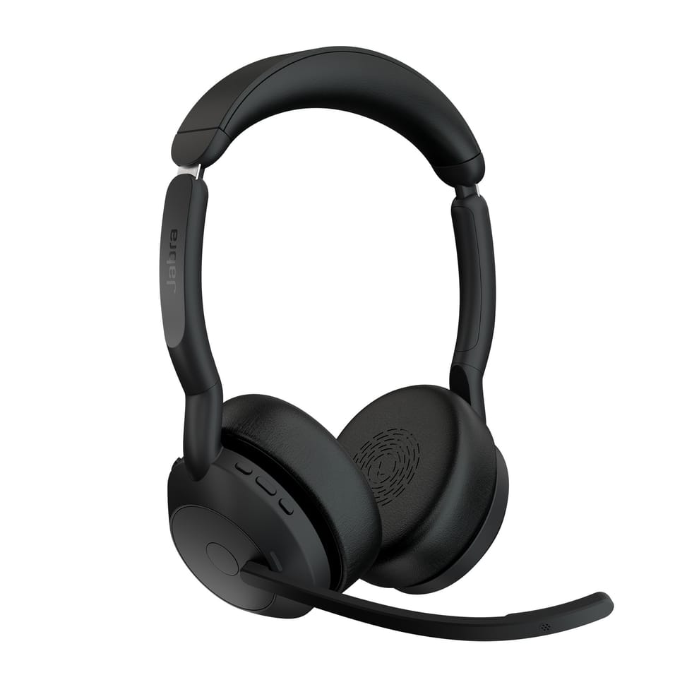 سماعة رأس سلكية ولاسلكية بمشبك رأس Jabra 25599-989-989 للمكتب/مركز الاتصال Bluetooth مع قاعدة شحن أسود — صورة 2