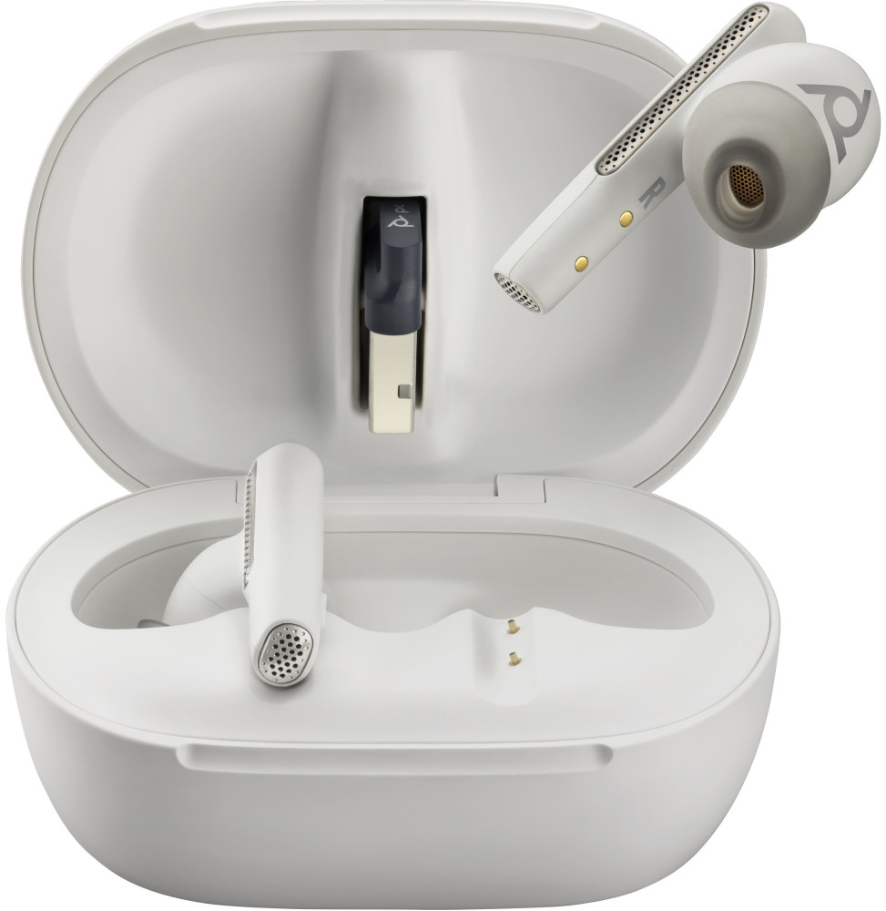 POLY Écouteurs sable blanc Voyager Free 60+ UC M + adaptateur USB-A BT700 + étui de charge avec écran tactile (7Y8G7AA)