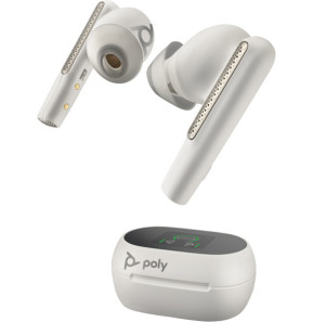 POLY Écouteurs sable blanc Voyager Free 60+ UC M + adaptateur USB-A BT700 + étui de charge avec écran tactile (7Y8G7AA)
