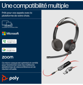 POLY Micro-casque Blackwire 5220 stéréo USB-C + connexion 3,5 mm + adaptateur USB-C/A (93S88AA)