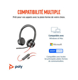 POLY Micro-casque Blackwire 8225 stéréo USB-C certifié Microsoft Teams + adaptateur USB-C/A (8X225AA)