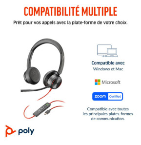 POLY Micro-casque Blackwire 8225 stéréo USB-C certifié Microsoft Teams + adaptateur USB-C/A (8X225AA)