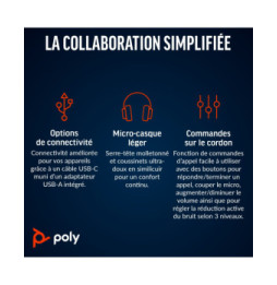 POLY Micro-casque Blackwire 8225 stéréo USB-C certifié Microsoft Teams + adaptateur USB-C/A (8X225AA)