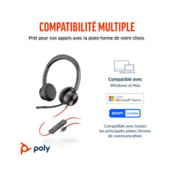 POLY Micro-casque Blackwire 8225 stéréo USB-C certifié Microsoft Teams + adaptateur USB-C/A (8X225AA)