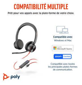 POLY Micro-casque Blackwire 8225 stéréo USB-C certifié Microsoft Teams + adaptateur USB-C/A (8X225AA)