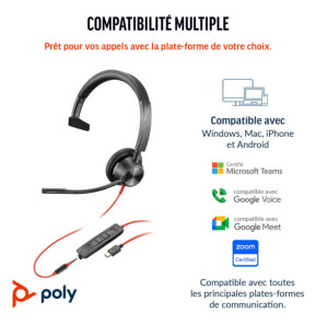 POLY Blackwire 3315-M Microsoft Teams Certified USB-C 3.5mm Mono Headset (76J15AA)