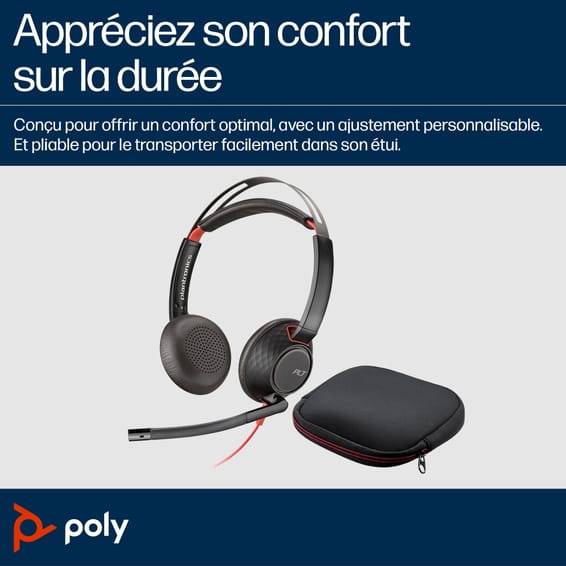 POLY Micro-casque stéréo USB-C Blackwire 5220 + prise 3,5 mm + adaptateur USB-C/A (lot) (8X231A6)