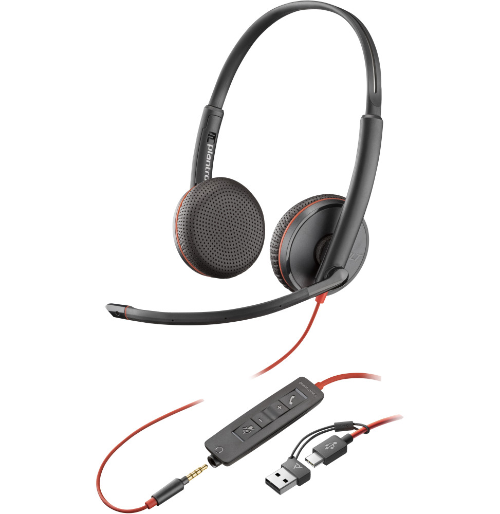 POLY Micro-casque stéréo USB-C Blackwire 3225 + prise 3,5 mm + adaptateur USB-C/A (lot) (8X229A6)