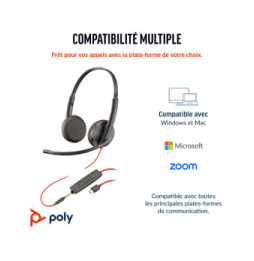 POLY Micro-casque stéréo USB-C Blackwire 3225 + prise 3,5 mm + adaptateur USB-C/A (lot) (8X229A6)