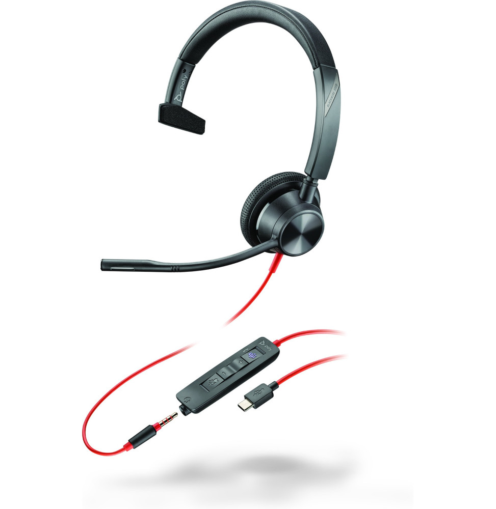 POLY Micro-casque Blackwire 3315 monaural USB-C certifié Microsoft Teams + connexion 3,5 mm + adaptateur USB-C/A (8X218AA)