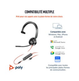 POLY Micro-casque Blackwire 3315 monaural USB-C certifié Microsoft Teams + connexion 3,5 mm + adaptateur USB-C/A (8X218AA)