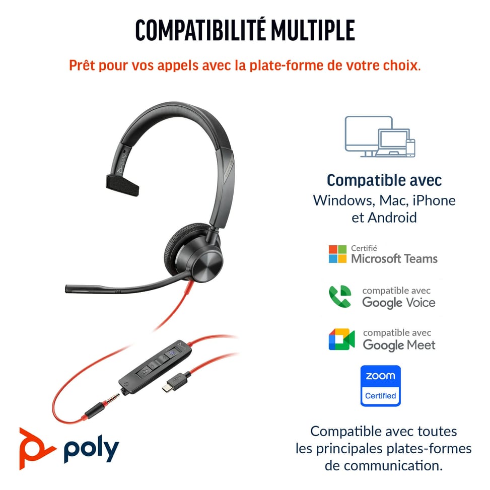 POLY Micro-casque Blackwire 3315 monaural USB-C certifié Microsoft Teams + connexion 3,5 mm + adaptateur USB-C/A (8X218AA) — image 2