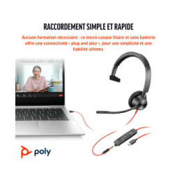 POLY Micro-casque Blackwire 3315 monaural USB-C certifié Microsoft Teams + connexion 3,5 mm + adaptateur USB-C/A (8X218AA)