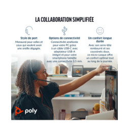 POLY Micro-casque Blackwire 3315 monaural USB-C certifié Microsoft Teams + connexion 3,5 mm + adaptateur USB-C/A (8X218AA)