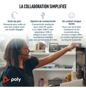 POLY Micro-casque Blackwire 3315 monaural USB-C certifié Microsoft Teams + connexion 3,5 mm + adaptateur USB-C/A (8X218AA)