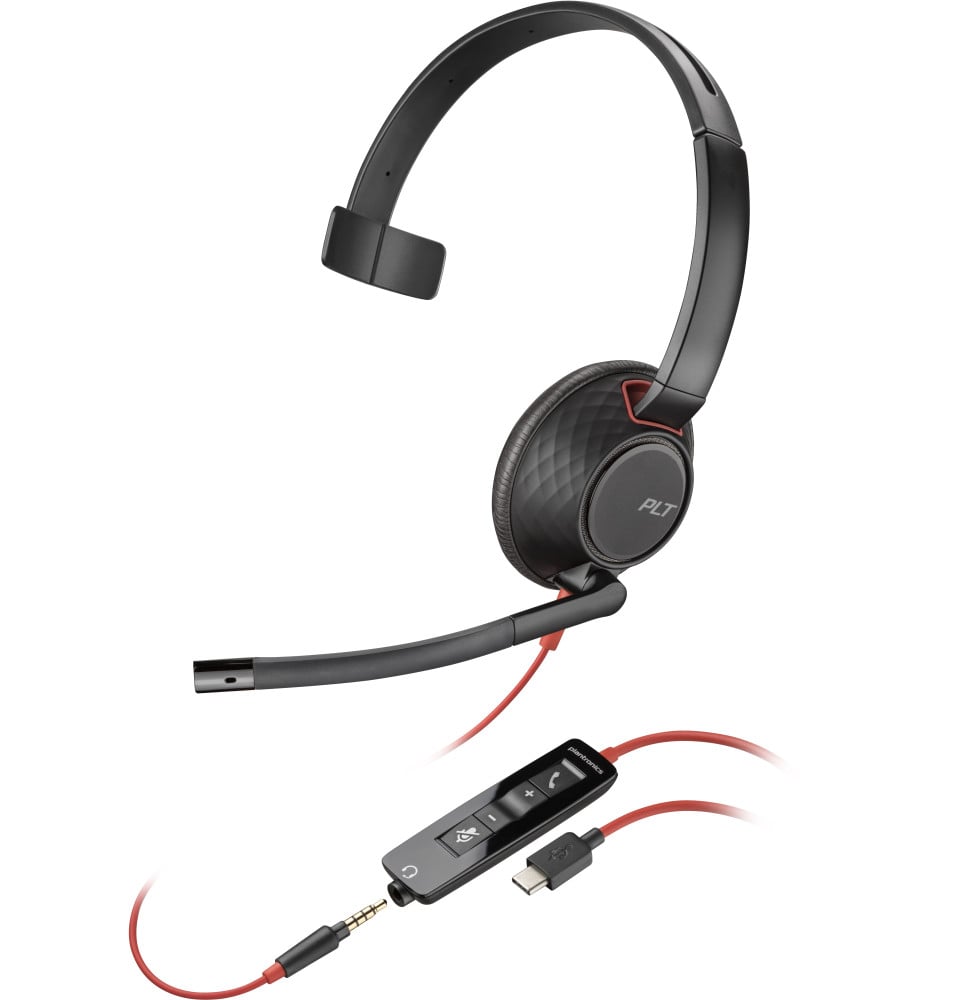 POLY Micro-casque monaural USB-C Blackwire 5210 + prise 3,5 mm + adaptateur USB-C/A (lot) (8X230A6)