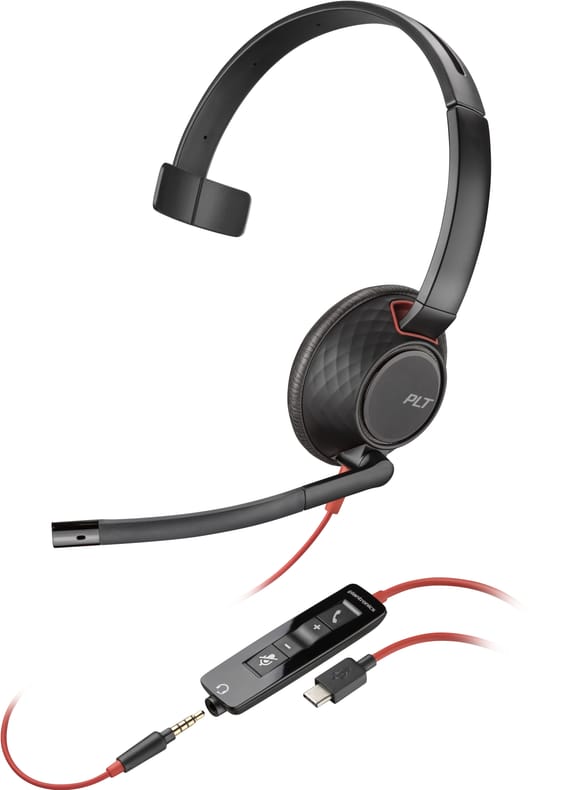POLY Micro-casque monaural USB-C Blackwire 5210 + prise 3,5 mm + adaptateur USB-C/A (lot) (8X230A6)