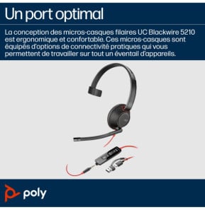 POLY Micro-casque monaural USB-C Blackwire 5210 + prise 3,5 mm + adaptateur USB-C/A (lot) (8X230A6)