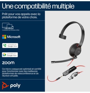 POLY Micro-casque monaural USB-C Blackwire 5210 + prise 3,5 mm + adaptateur USB-C/A (lot) (8X230A6)