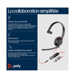 POLY Micro-casque monaural USB-C Blackwire 5210 + prise 3,5 mm + adaptateur USB-C/A (lot) (8X230A6)
