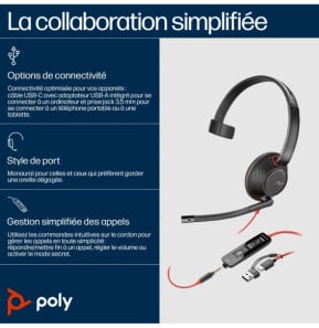 POLY Micro-casque monaural USB-C Blackwire 5210 + prise 3,5 mm + adaptateur USB-C/A (lot) (8X230A6)