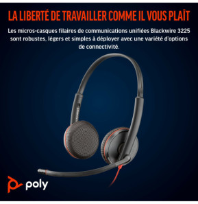 Micro-casque POLY Blackwire 3225 stéréo USB + Connexion 3,5 mm (8X229AA)