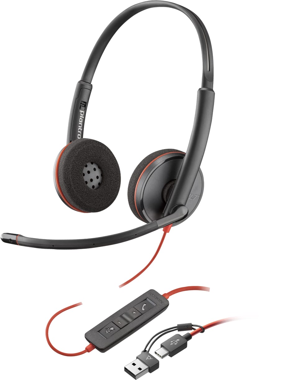سماعة رأس بميكروفون POLY Blackwire 3220 ستيريو USB-C + محول USB-C/A (8X228AA) — صورة 1
