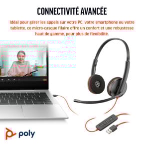 Micro-casque POLY Blackwire 3220 stéréo USB-C + adaptateur USB-C/A (8X228AA)