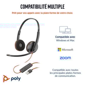Micro-casque POLY Blackwire 3220 stéréo USB-C + adaptateur USB-C/A (8X228AA)